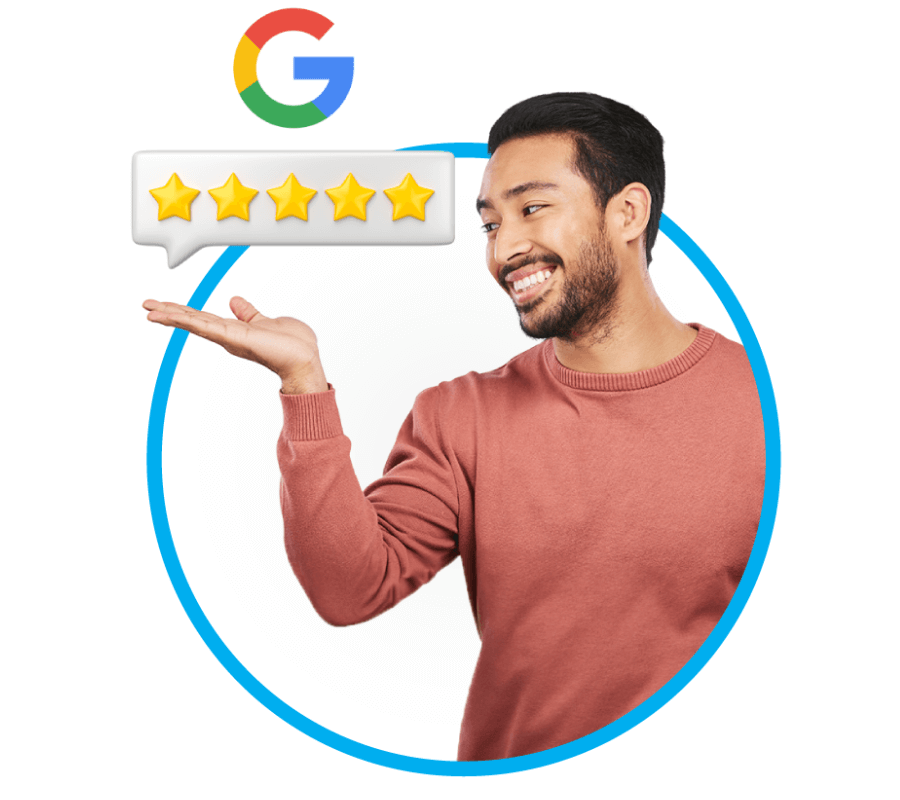 Man in a circle with hand out holding five star with a google symbol above the 5 stars