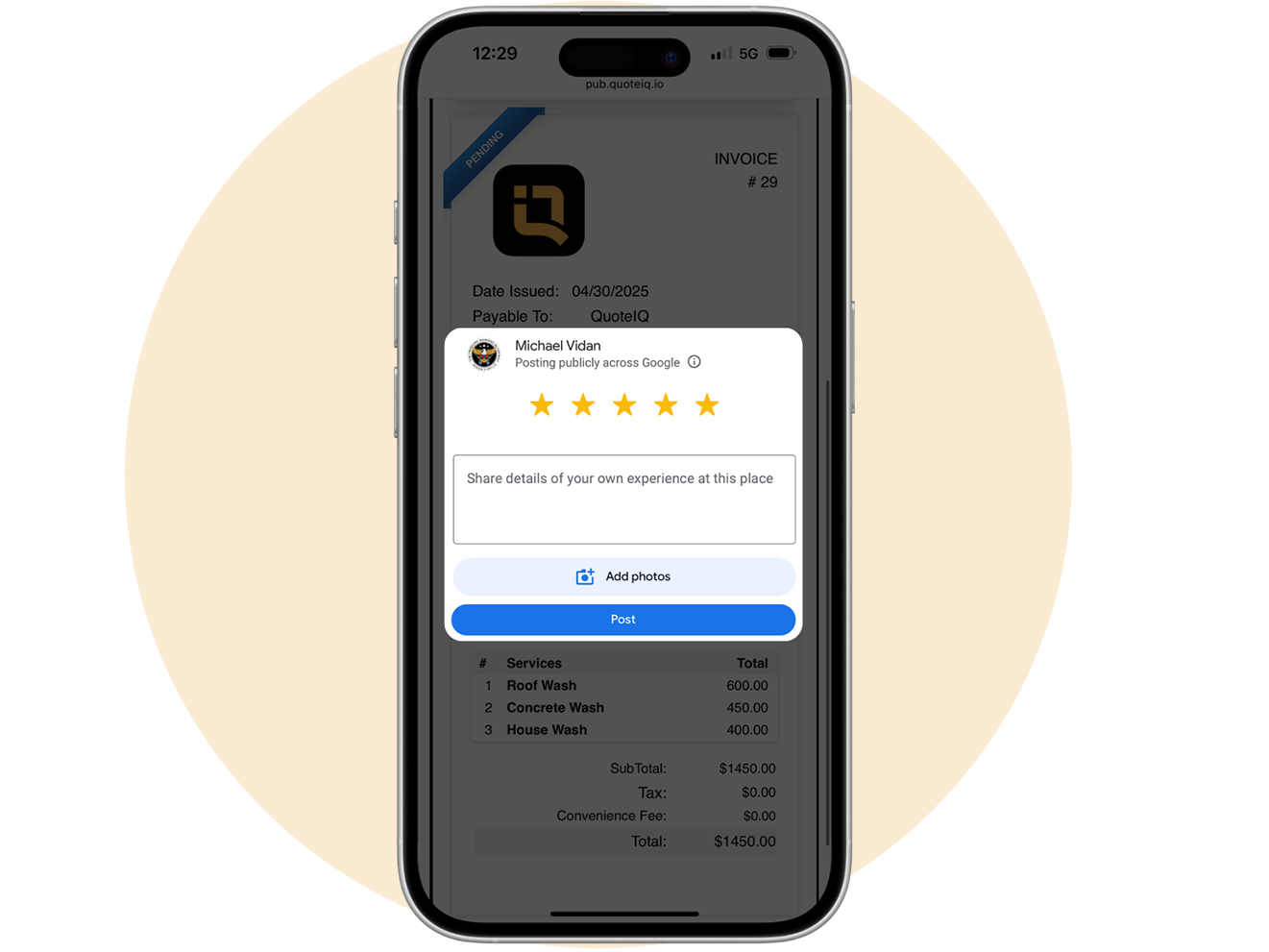 QuoteIQ contractor leaving Google review from phone using Review Multiplier automated review software