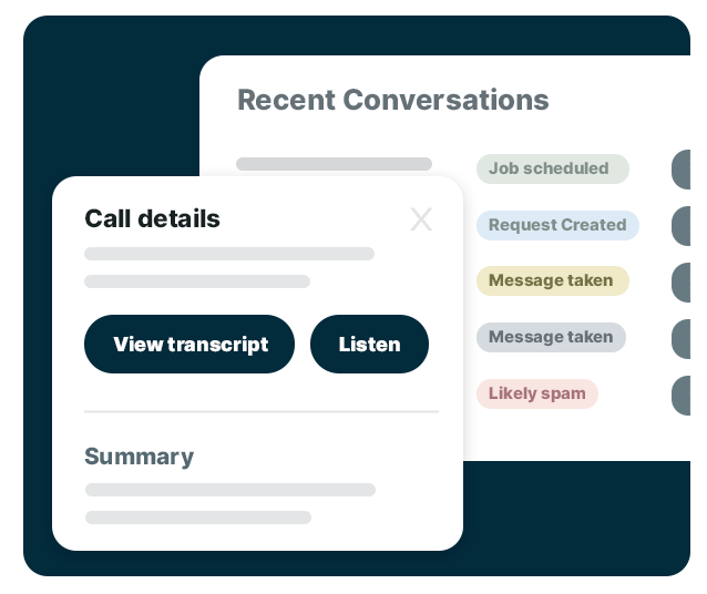 QuoteIQ AI Virtual Call Team call detail view showing caller information, AI-generated conversation summary, lead qualification status, call duration, full transcript, and follow-up actions