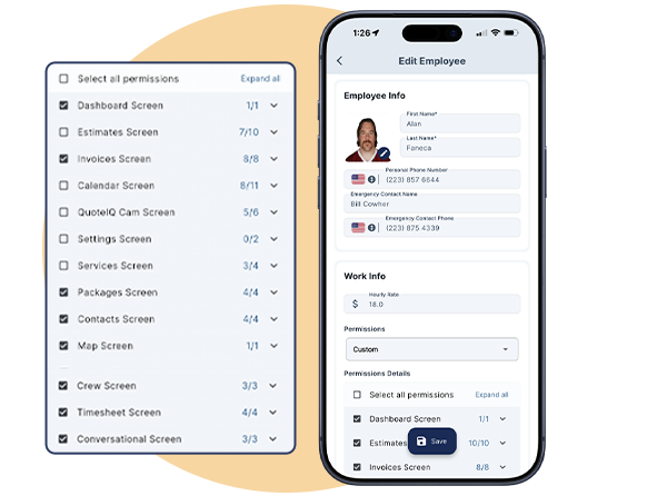 QuoteIQ Roles and Permissions settings showing granular access controls for employee management, financial data, and scheduling permissions