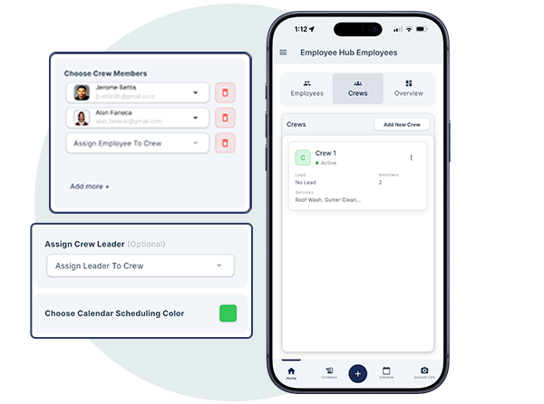 QuoteIQ crew management showing crew creation interface with employee grouping and one-click crew assignment to jobs