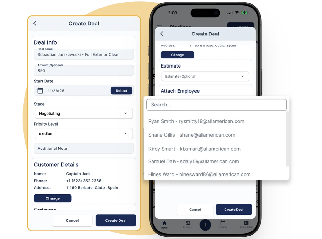 QuoteIQ pipeline team integration with employee assignment, estimate linking, and customer sync