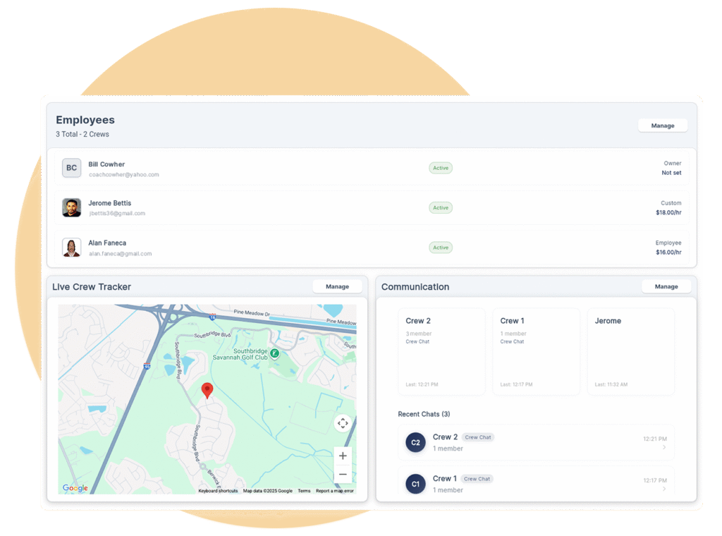 QuoteIQ EmployeeHub desktop dashboard showing live crew GPS tracker, employee locations on map, clock-in status, and daily team overview