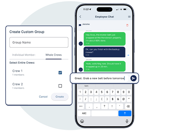 QuoteIQ Team Communication showing one-on-one employee messaging inside EmployeeHub for internal team coordination