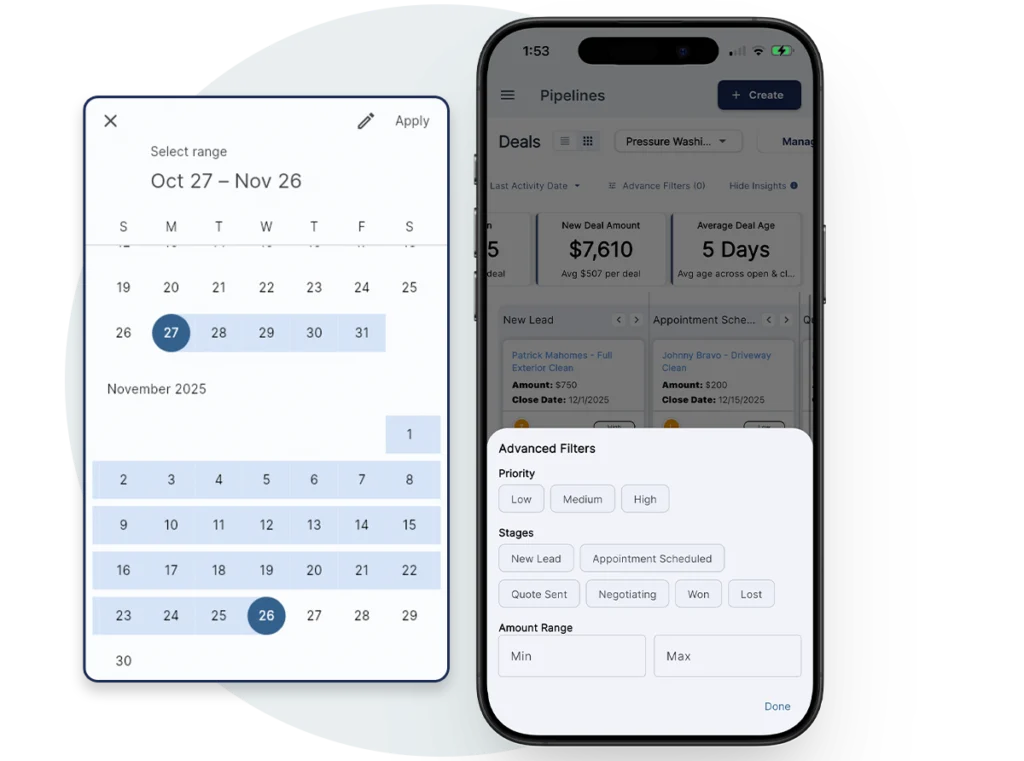 QuoteIQ pipeline filtering by date range, owner, priority, and stage with animated filter chips and search