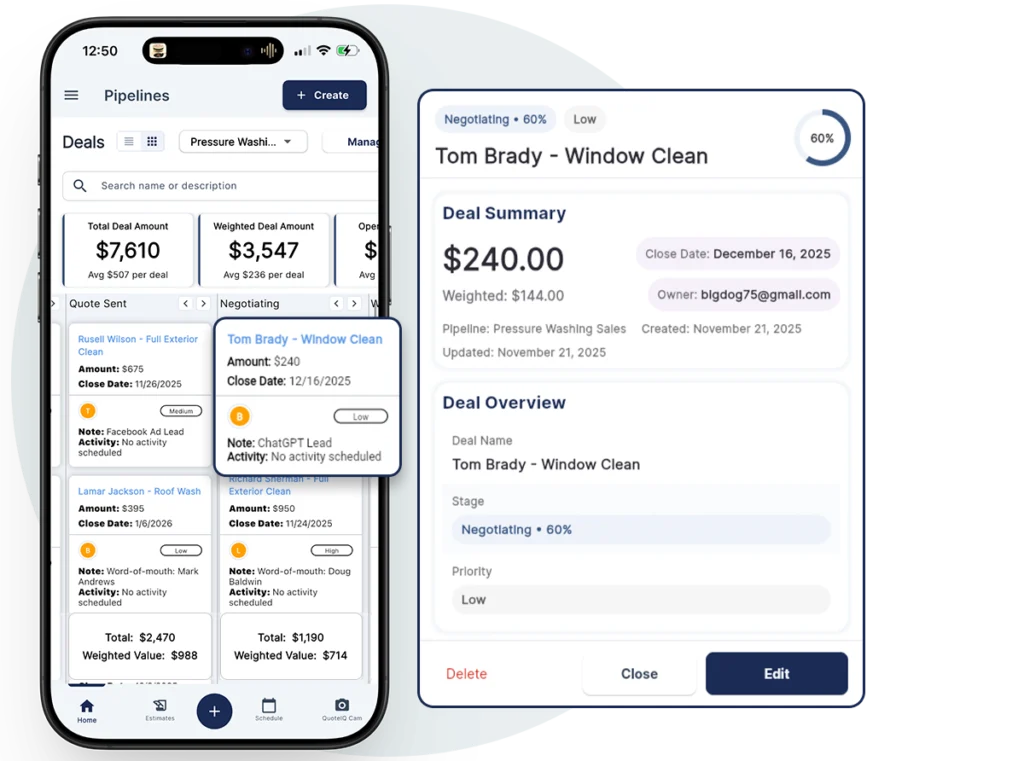 QuoteIQ deal management with quick creation, drag-and-drop, customer attachment, estimate linking, attachments, and internal notes