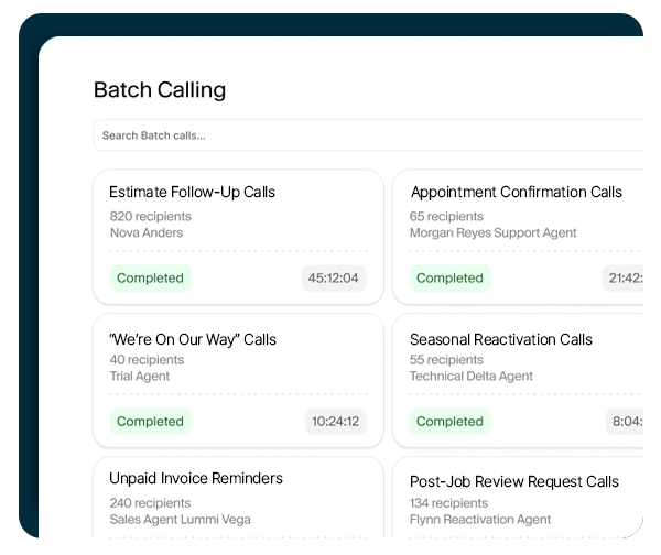 QuoteIQ AI Virtual Call Team Batch Calling interface showing simultaneous outbound call campaign setup with prospect list, call script, scheduling controls, and campaign management