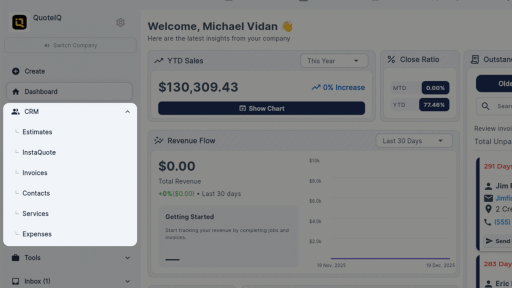 QuoteIQ December 2025 Update: 14 Brand New Features to Run Your Field Service Business Faster 3 CRM Section of QuoteIQ Side Menu