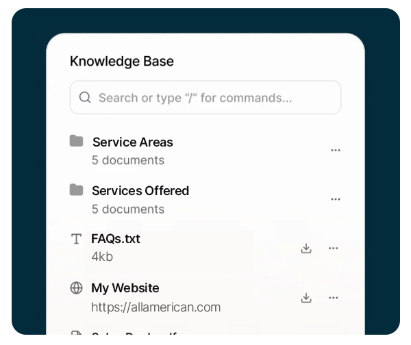 QuoteIQ AI Virtual Call Team Knowledge Base editor showing company information fields, service descriptions, pricing data, and FAQ entries used to train the AI receptionist agent