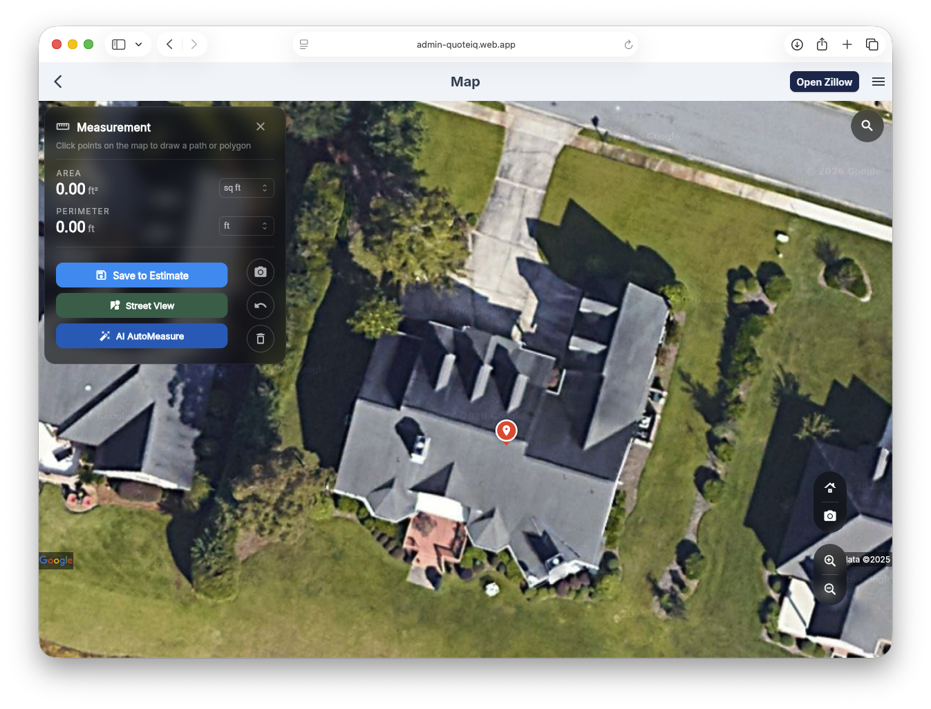 QuoteIQ MapMeasure Pro satellite measurement — 4,976 sq ft roof area with perimeter measurements