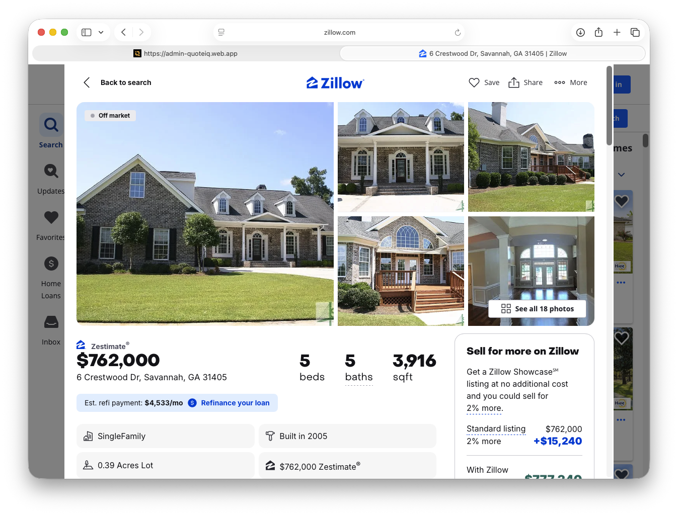 Zillow Quick Access from QuoteIQ — $762,000 Zestimate, 5 bed 5 bath, 3,916 sqft, Built 2005